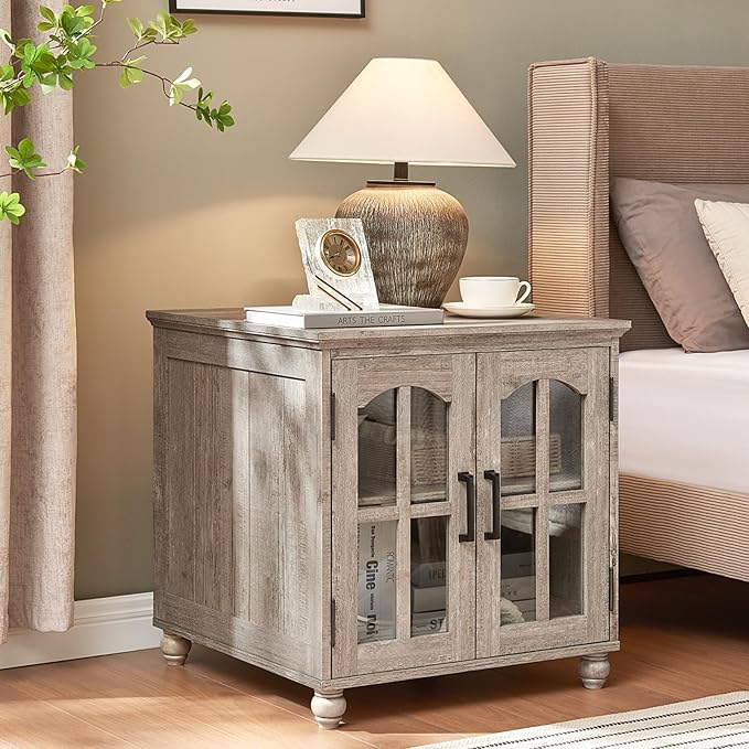 Farmhouse End Table with Charging Station,24" Large Sofa Side Table with Glass Barn Door,Rustic Wood Night Stand with Adjustable Storage Shelf,Square Bedside Table for Living Room,Bedroom Office