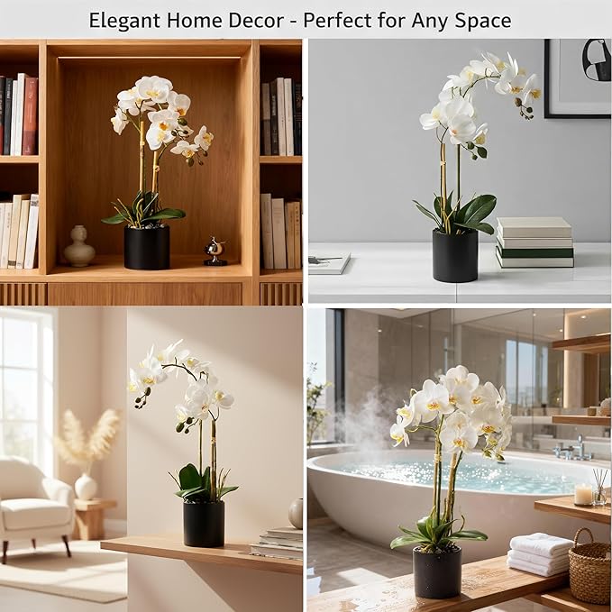 17" Fake White Orchid Flowers in Ceramic Pot,Real Touch Orchids Artificial Flowers Potted Plant,Faux Phalaenopsis Flowers Potting for Home Wedding Table Centerpiece Bathroom Office Decor