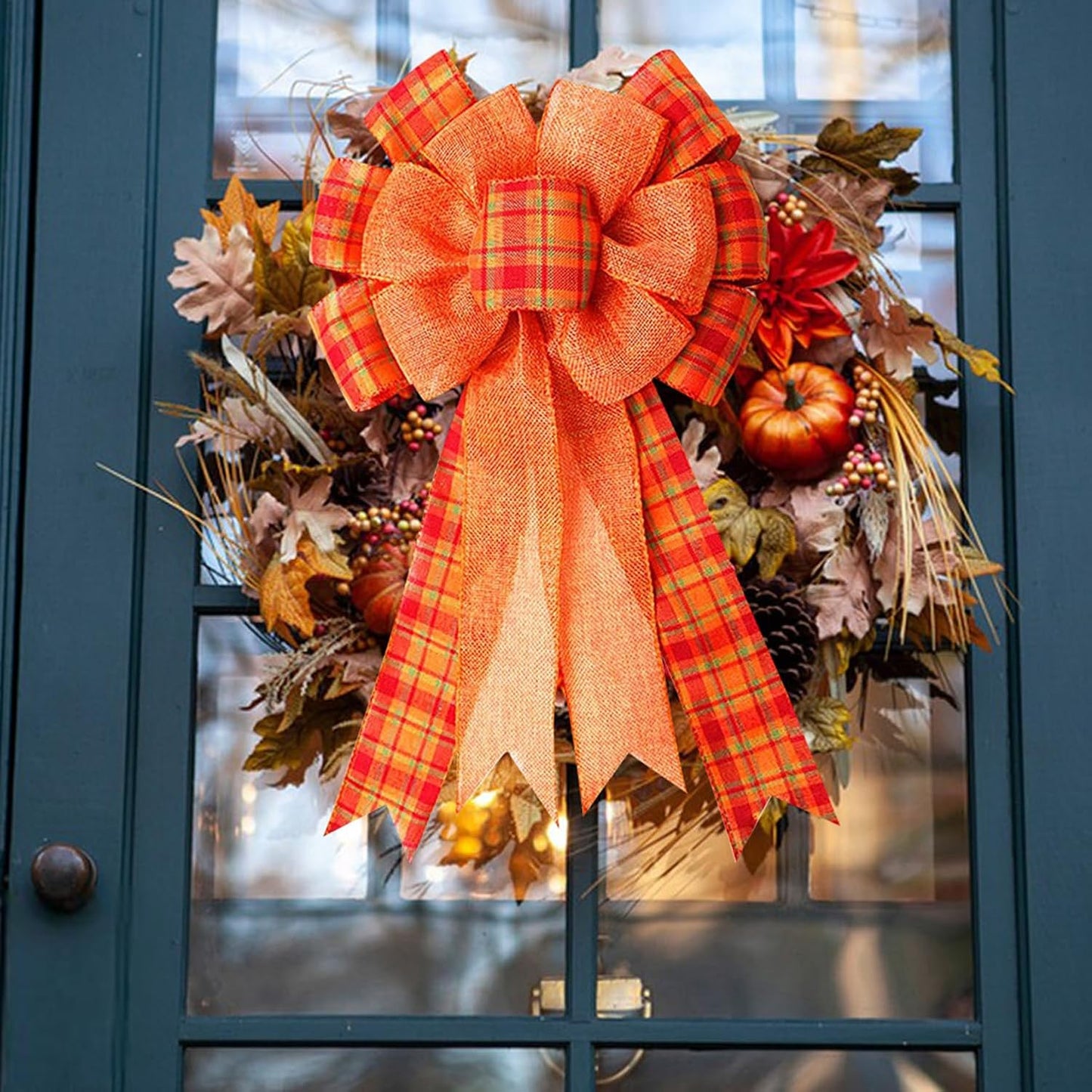 Iceyyyy 4Pcs Large Fall Thanksgiving Wreath Gift Bow -18.8x10.6inch Orange Buffalo Plaid Check Wreath Swag Bow Wreath Pre-Tied Bow for Fall, Thanksgiving, Christmas, Home Indoor Outdoor Ornaments