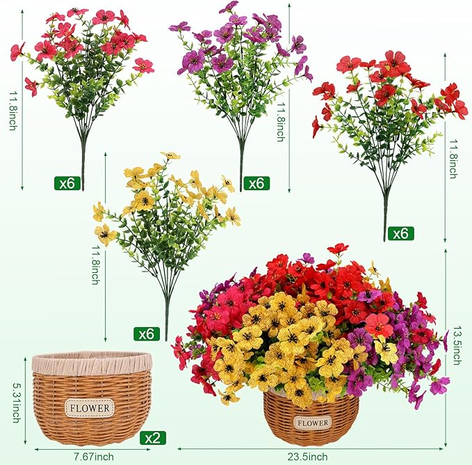 Geegoods Artificial Plants Flowers, 24 Bundles Plastic Fake Violet with 2 Woven Baskets Faux Mix Color Flower for Farmhouse Table Centerpiece Wedding Home Decor