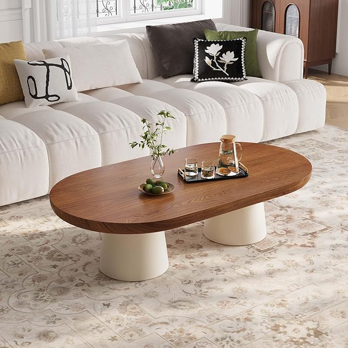 Oval Modern Coffee Table - Minimalist Wooden Coffee Table with White Stable Legs, 51.2" Center Table for Living Room, Apartment, Office, Walnut