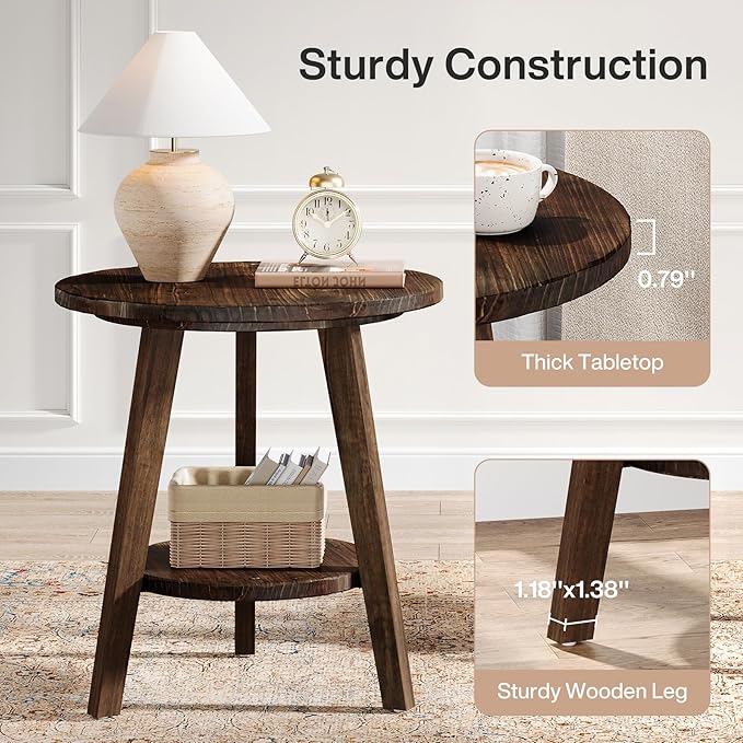 Solid Wood Round End Table, Sofa Side Table with Storage Shelf, Farmhouse Nightstand for Living Room, Bedroom, Easy Assembly (Dark Brown, 2 PCS)
