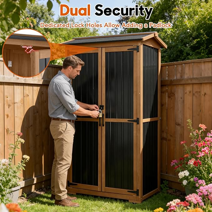 Outdoor Storage Cabinet, Wood & Metal Storage Shed with Weatherproof Roof, 3 Removable Shelves, Lockable Door, Adjustable Feet, Outside Storage Cabinet for Patio
