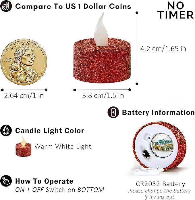 FURORA LIGHTING Red Glitter LED Tealight Candles Pack of 12, Flameless Flickering Tealight Candles for Home Décor, 1.5’’(W) x 1.65’’(H), Battery Operated