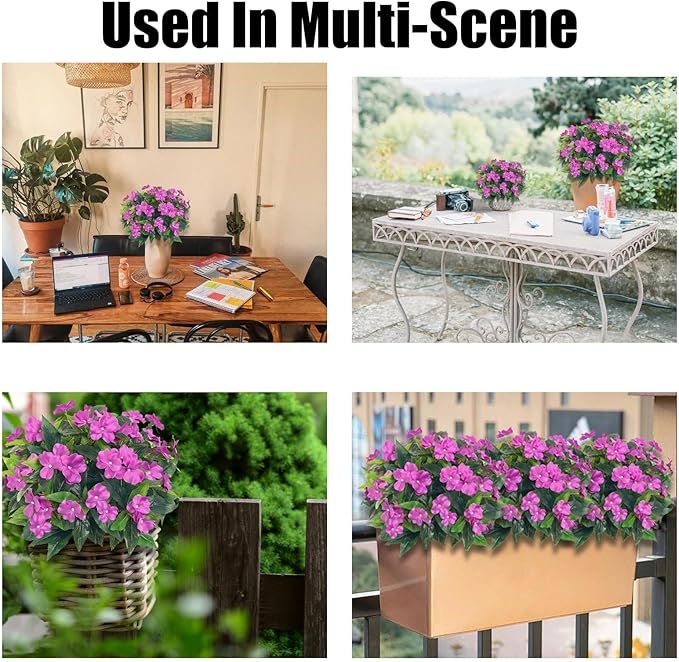 5PCS Artificial Impatiens Bouquet Flowers for Outdoors Silk Faux Flowers for Outdoor Fake Planters UV Resistant Spring Summer Indoor Decor Garden Porch Patio Window Kitchen Balcony, Purple