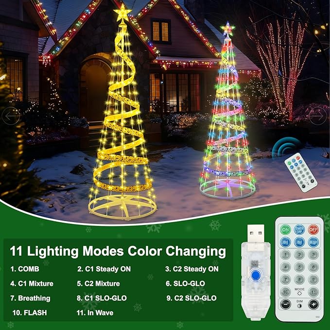 [11 Modes & Timer] 7 FT LED Christmas Tree Cone Lights Color Changing, 216 LED Outdoor Christmas Cone Tree with 11 Modes Timer Remote for Indoor Outside Yard Porch Xmas Decor Multicolor & Warm White