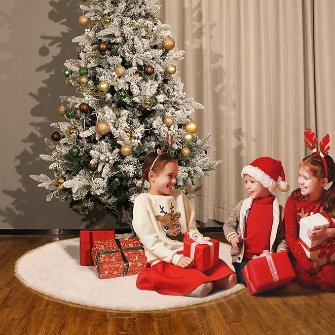 72 Inch Faux Fur Christmas Tree Skirt - Premium White Plush Tree Skirt for 7.5-12 Ft Trees