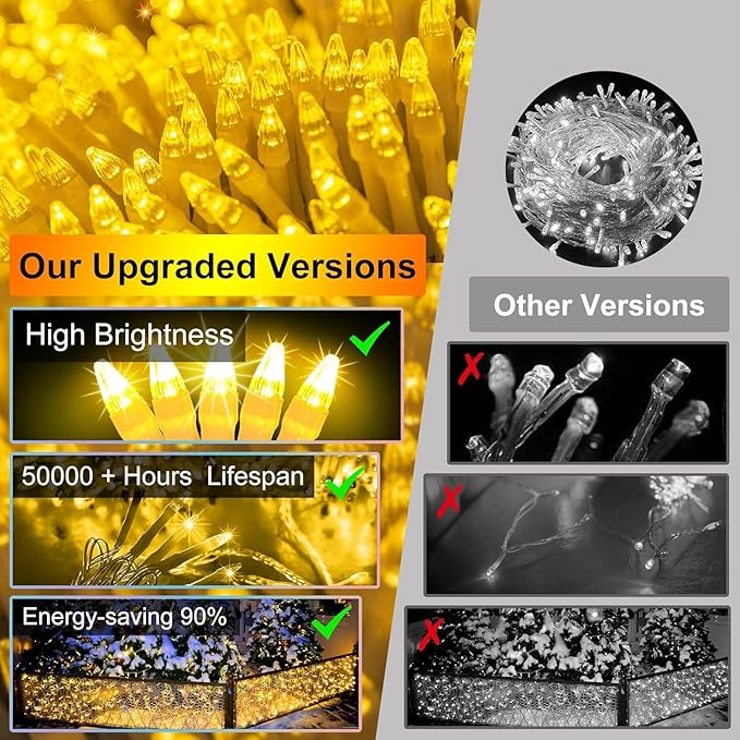 504 LED Christmas Lights with 112Drops, 50ft 12 Modes Warm White Fairy String Lights with Timer Dimmable, Waterproof Twinkle Lights for Indoor Outdoor Holiday Wedding Party Eaves Yard Christmas Decor