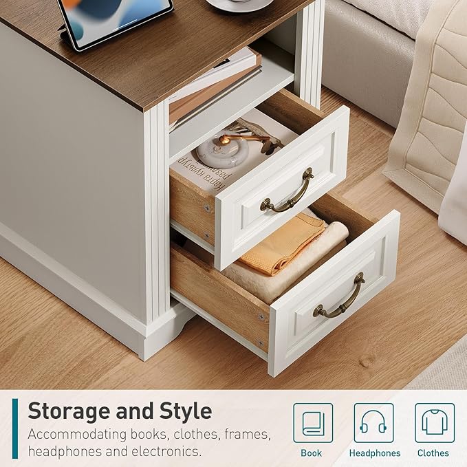 Farmhouse Nightstand Set of 2, Wooden Night Stand with Charging Station, LED Bedside Table with Drawers, Rustic Sofa Side Table, End Table for Bedroom, Living Room, White and Walnut