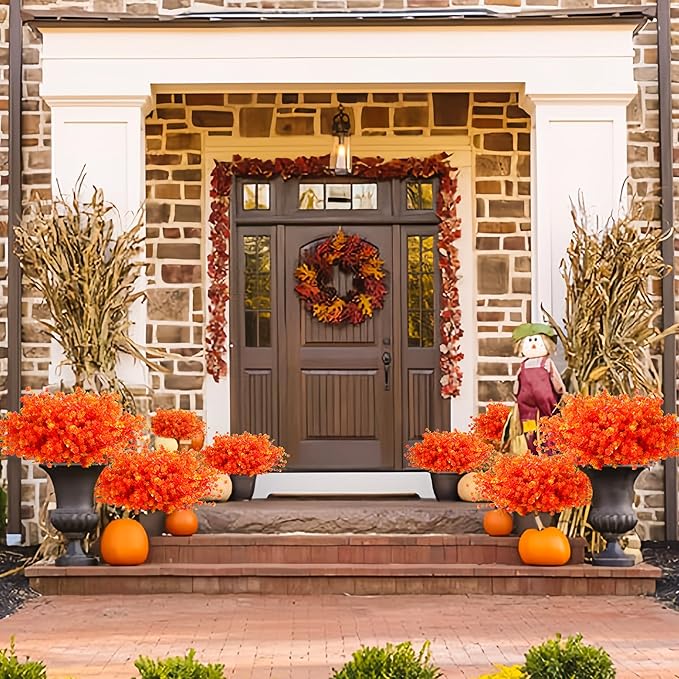 SITUMEIZI Artificial Mums for Outdoor Fall Flowers,Faux Flower Eucalyptus Leaves Fake Plants Greenery Outside Plastic Proch Patio Front Fall Halloween Thanksgiving Decorations(8Pcs,Orange)