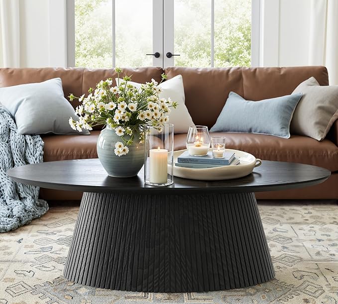 win2win Oval Coffee Table, Modern Coffee Table with Fluted Design, Minimalist Tea Table with Wood Grain Veneer, Small Funky Center Table for Living Room, Apartment, Office, Black