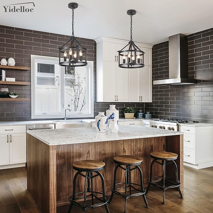 Farmhouse Light Fixtures Round Cage Chandeliers 4 Lights E12 Base Vintage Black Chandelier Pendant Light for Dining Room Entryway Hallway Foyer Kitchen