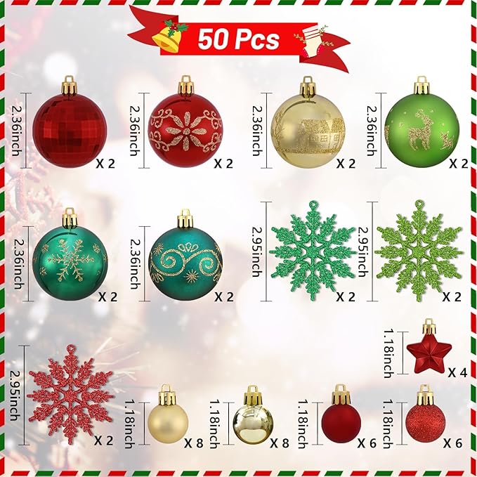 50Pcs Christmas Tree Ornaments - 2.36''/60mm Christmas Ball Ornaments Set for Xmas Tree Holiday Party Wedding Home Decorations (Green & Red & Gold)