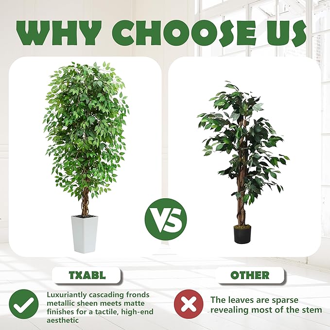 Artificial Ficus Tree 7FT Faux Floor Tree with Planter UV Resistant Potted Fake Silk Plant, Real Wood Trunk-Indoor Outdoor Lifelike Fake Ficus Tree for Home, Living Room Bedroom Topiary Tree