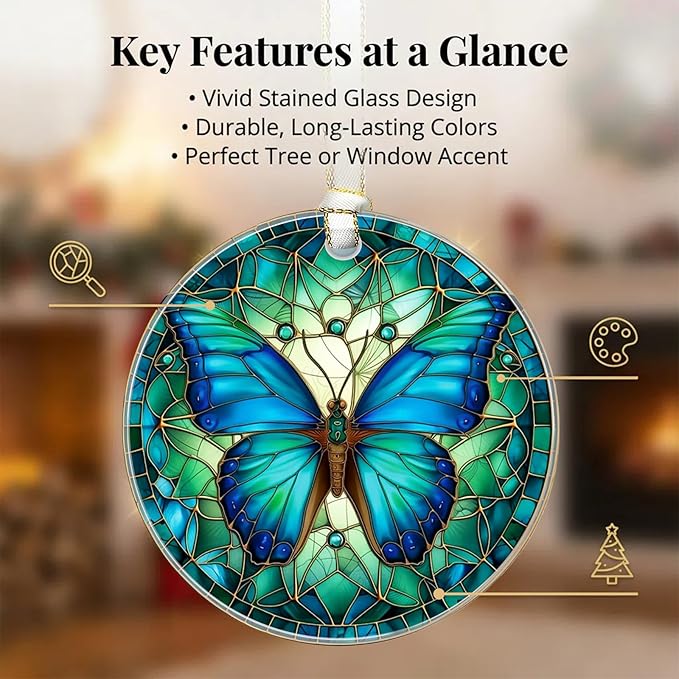 Christmas Ornaments 2025, Stained Glass Christmas Tree Decorations, Exchange for Women, Men, Collectible Dated Year Ornaments for Tree - Glass Hanging Ornamen（Butterfly）