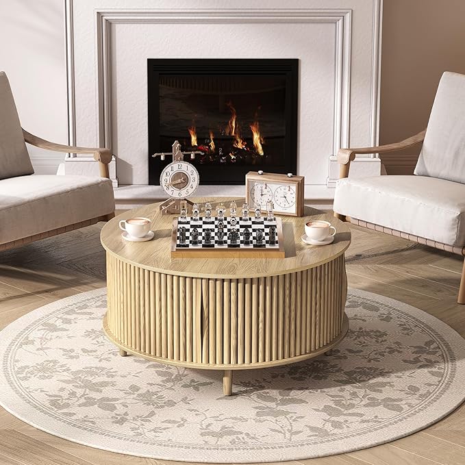 Round Coffee Table with Storage, 31.5" Modern Fluted Drum Coffee Table, Wood Circle Center Table with Sliding Doors & Hidden Compartment for Small Apartment Living Room,Oak