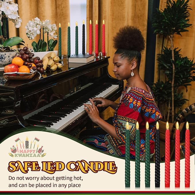 Riakrum 7 Pieces Kwanzaa Candles Set Kwanzaa Flameless Taper Candles Battery Operated for Church Celebration Decoration(10.04 Inches,Spiral)