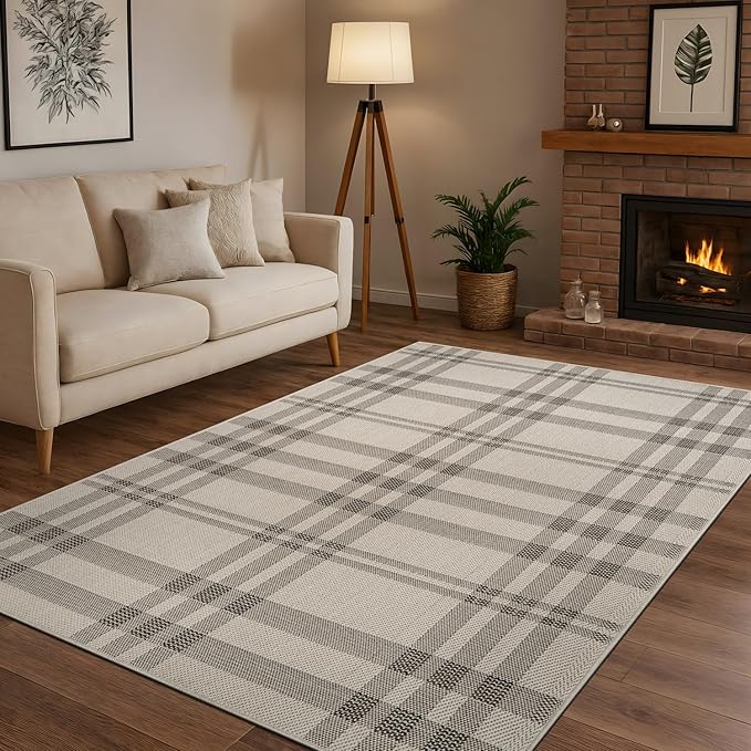 CAMILSON Easy Jute Rug 6x9, Indoor Outdoor Off-White Color Fiber Area Rugs for Entry, Living Room and Farmhouse Rug, Checkred Boho Woven Design, Easy-Cleaning, Washable Outside Carpet (6 x 9)
