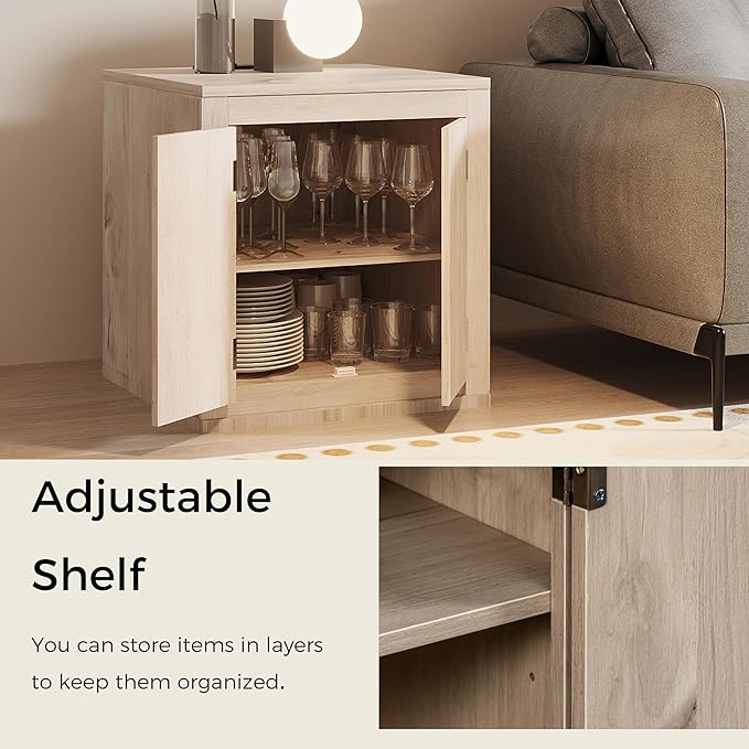 MINCETA End Table with Charging Station and USB Ports, Modern Bedside Table with Door, Rustic Wood Square Nightstand with Adjustable Storage Shelf for Living Room, Bedroom, Gray