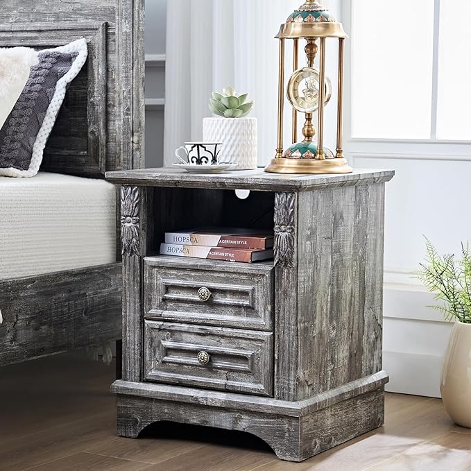 Nightstand wtih Charging Station, 20" End Table with 2 Drawers, Farmhouse Side Table Storage Cabinet with Carved Pilasters for Bedroom, Wood Rustic,Light Gray