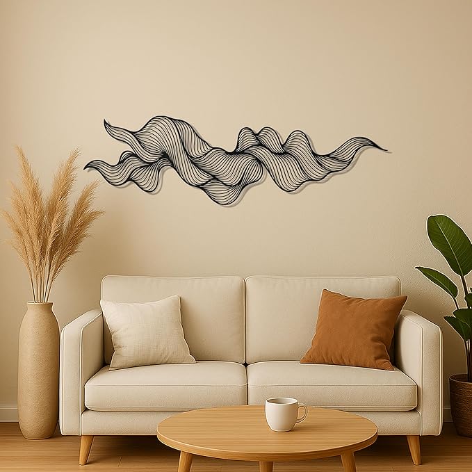 pluviart Abstract Metal Wall Art – Modern Black Wave Line Sculpture, Large 3D Wall Decor for Living Room, Bedroom, Office, Contemporary Home Decoration (40"x12")