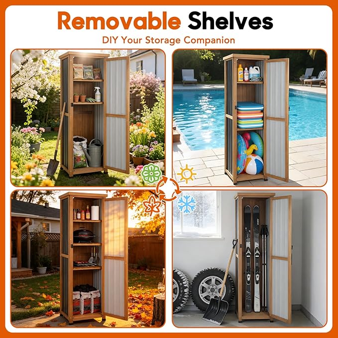 Outdoor Storage Cabinet, Wood & Metal Storage Shed with Weatherproof Roof, 3 Removable Shelves, Lockable Door, Adjustable Feet, Outside Storage Cabinet for Garage, Patio, Backyard