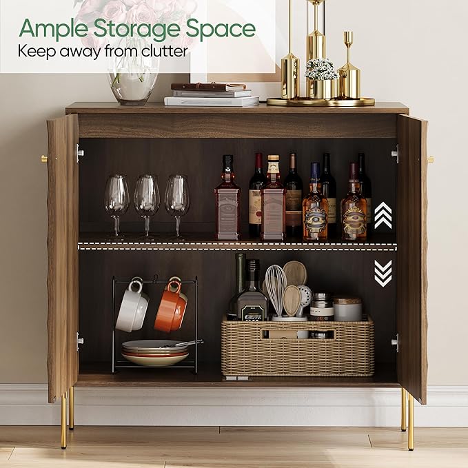 Sideboard Cabinet with Adjustable Shelf, Freestanding Walnut Buffet Cabinet with Storage, Wooden Storage Cabinet with Textured Diagonal Lines Doors for Living Room, Entryway, Console