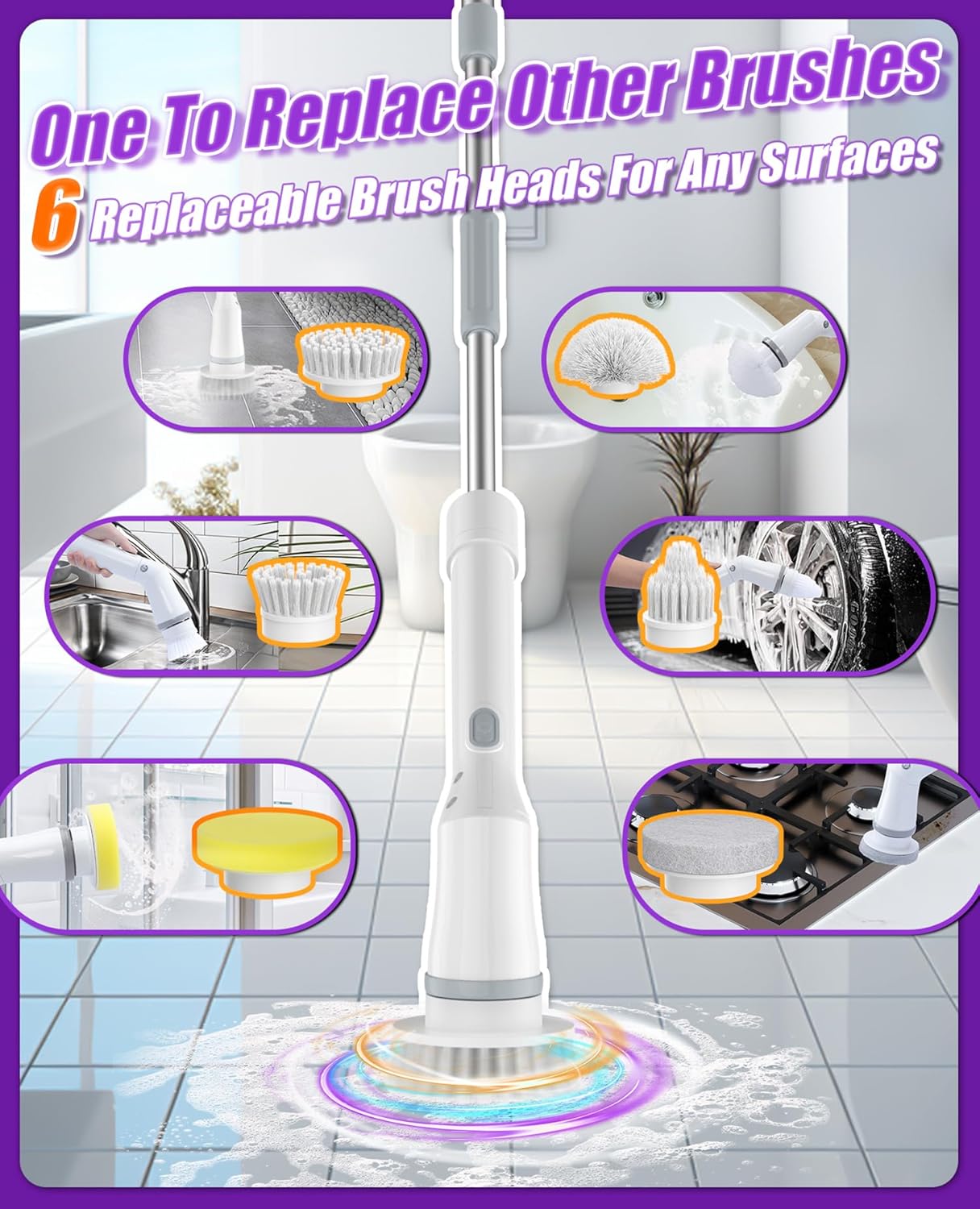 Electric Spin Scrubber, Cordless Shower Scrubber Rotary Floor Brushes & Pad Drivers with 6 Brush Heads - 2H Dual Speed, IPX7 Waterproof Extension Handle for Bathroom Tile Car Cleaning (White)