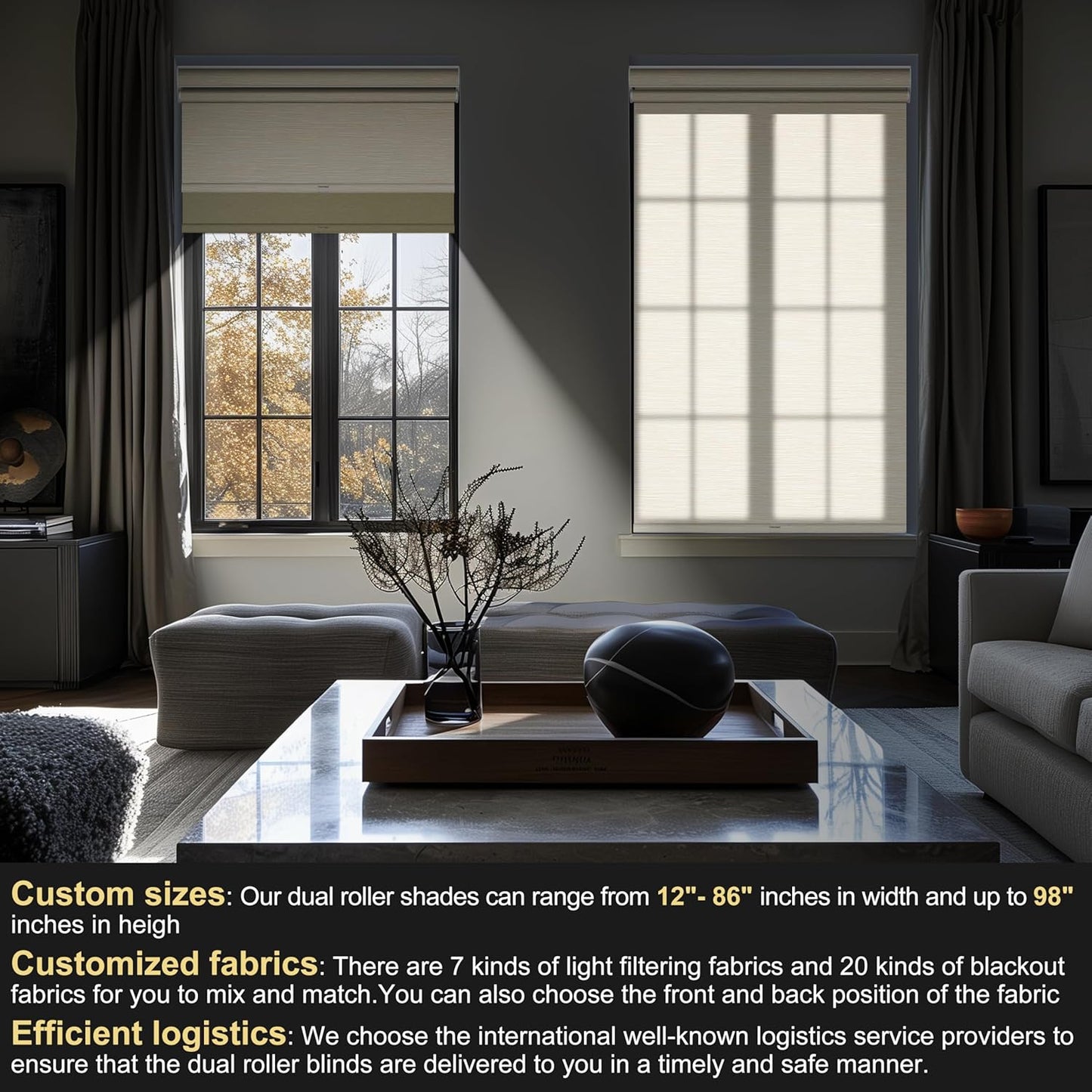BERISSA Cordless Dual Roller Shades with Cassette Valance, Double Window Shades - Blackout and Light Filtering, Day and Night for Home Office Door. Striped Jacquard Beige. 23 W x 56" H