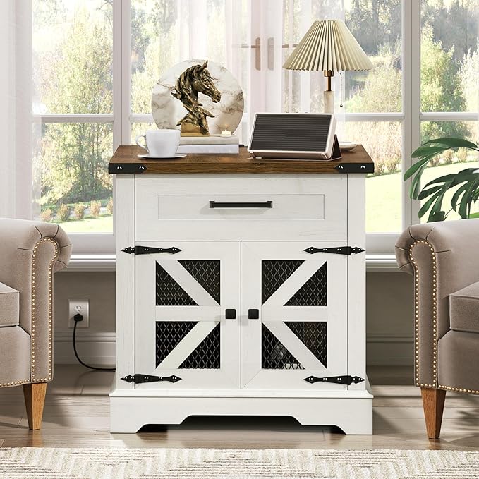 White Farmhouse End Table Set of 2, 24" Large Sofa Side Table with Drawer, Large End Table for Living Room, Wooden Nightstand with Charging Station, Square, White and Walnut