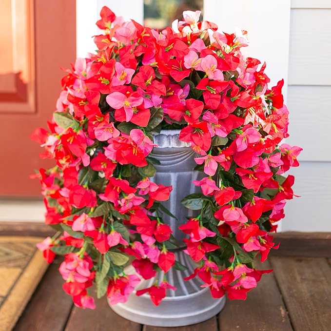 HyeFlora Bougainvillea Artificial Hanging Flowers Plants for Outdoors Decoration, 2pcs Fake Flowers Silk Bougainvillea Vines Realistic UV Resistant Faux Flowers for Outdoor Planters Porch Patio, Mix