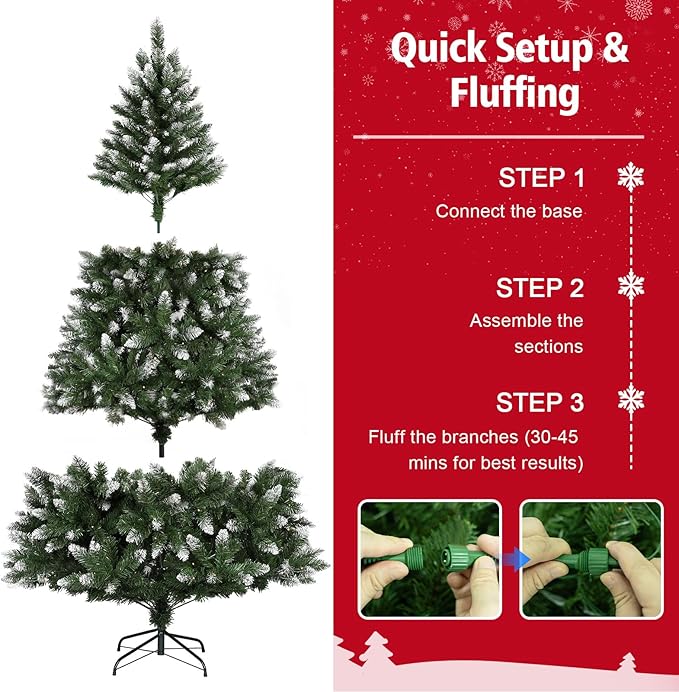 6 FT Prelit Artificial Christmas Tree with 250 Dual-Color LED Lights, 11 Modes Timer, 800 Snowy Tips - Easy Assembly Xmas Tree for Indoor/Outdoor Home Christmas Decorations