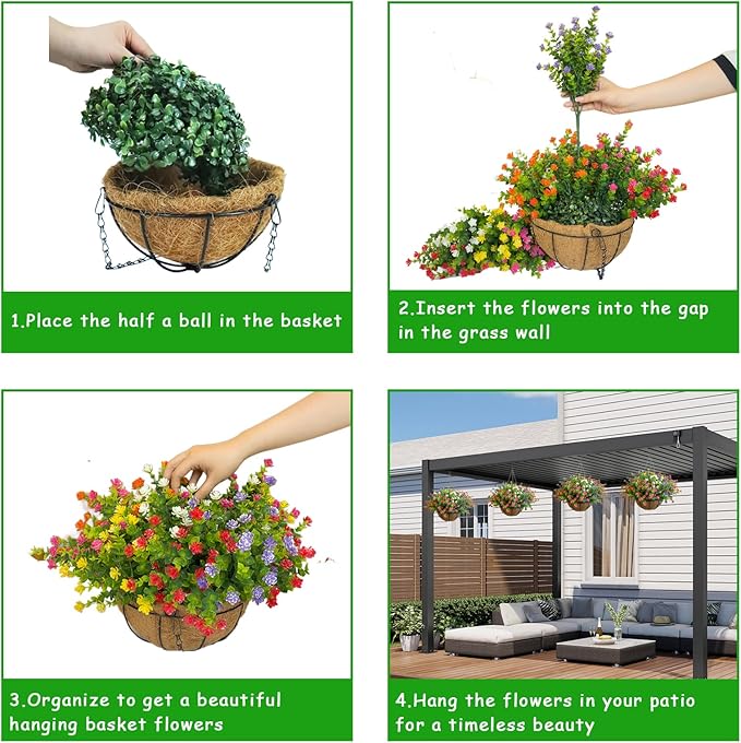 Artificial Hanging Plants Flowers with Basket 2 Packs, Artificial Hanging Flowers for Outdoors, Faux Hanging Plants Outdoor, Fake Flowers, Yellow+Purple+Pink+Red+White+Green