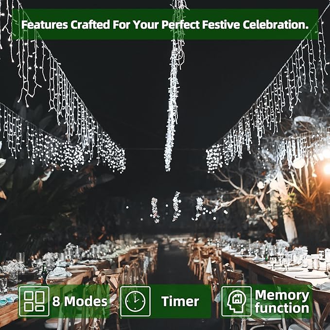 1296 LED Outdoor Christmas Lights with 288 Drops, 131FT ChristmasLights with 8 Modes Timer, Christmas Twinkly Lights IP44 Waterproof for Eaves Yard Room Holiday Wedding Party Decor(Cool White)