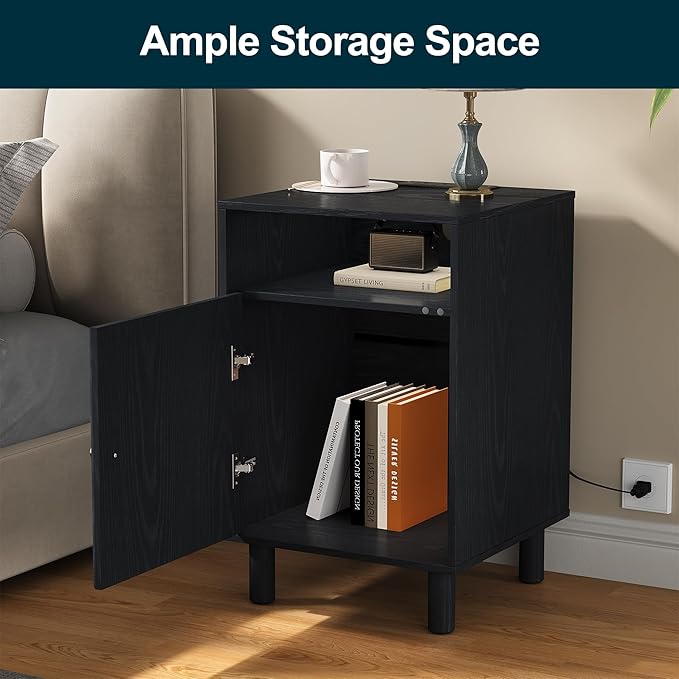 RoyalCraft Nightstand with Charging Station, Modern Side Table with Door, Accent End Table with Solid Wood Legs, Bedside Table for Bedroom, Entryway, Black