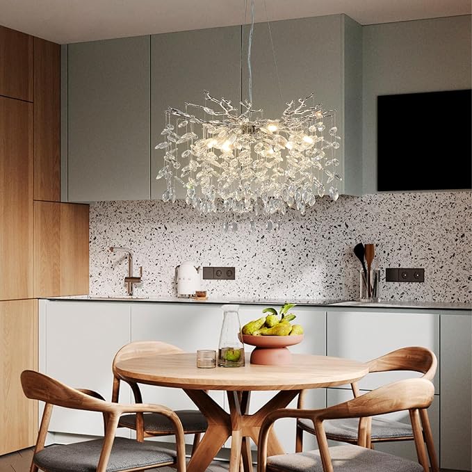Modern Crystal Chandelier, 23.6" Silver Tree Branch Chandelier, 8-Lights Round Contemporary Luxury Raindrop K9 Crystal Pendant Light Fixture for Dining Room Living Room Foyer Entryway Bedroom Kitchen