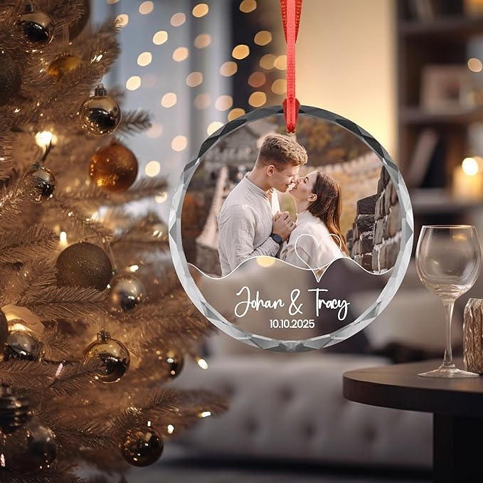 Heart Line Couple Ornament – Custom Photo, Names & Date – Acrylic or Glass Personalized Wedding Ornament – Engagement Keepsake Gift