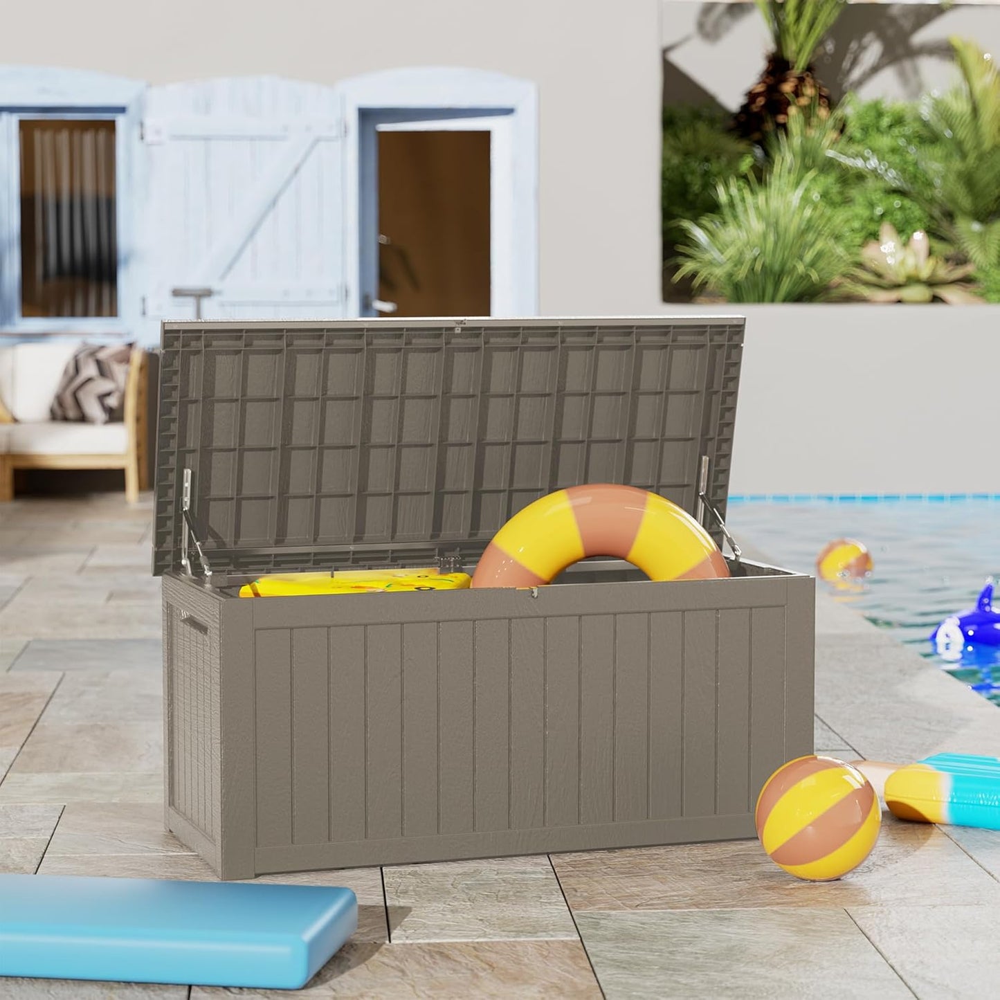 270 Gallon Lockable Resin Deck Box, Waterproof & UV-Resistant Outdoor Storage Box for Outdoor Cushion Storage, Garden Tools & Pool Accessories Storage, Gray