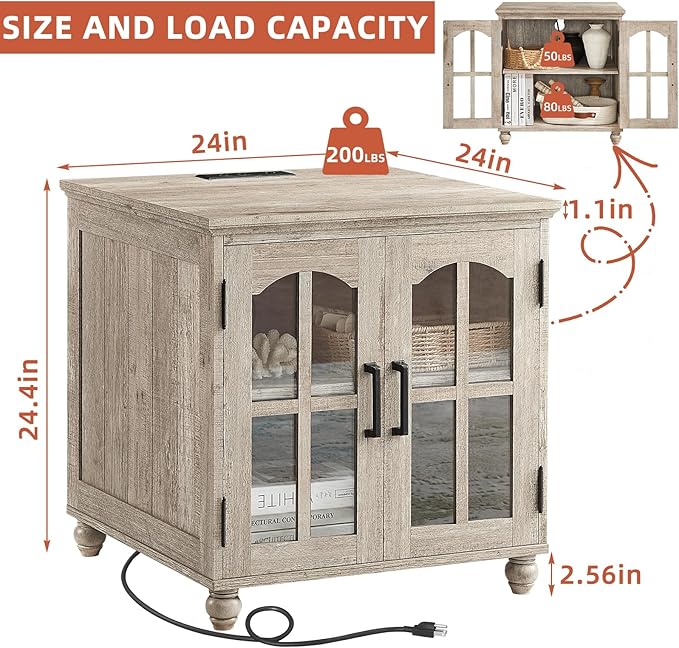 Farmhouse End Table with Charging Station,24" Large Sofa Side Table with Glass Barn Door,Rustic Wood Night Stand with Adjustable Storage Shelf,Square Bedside Table for Living Room,Bedroom Office