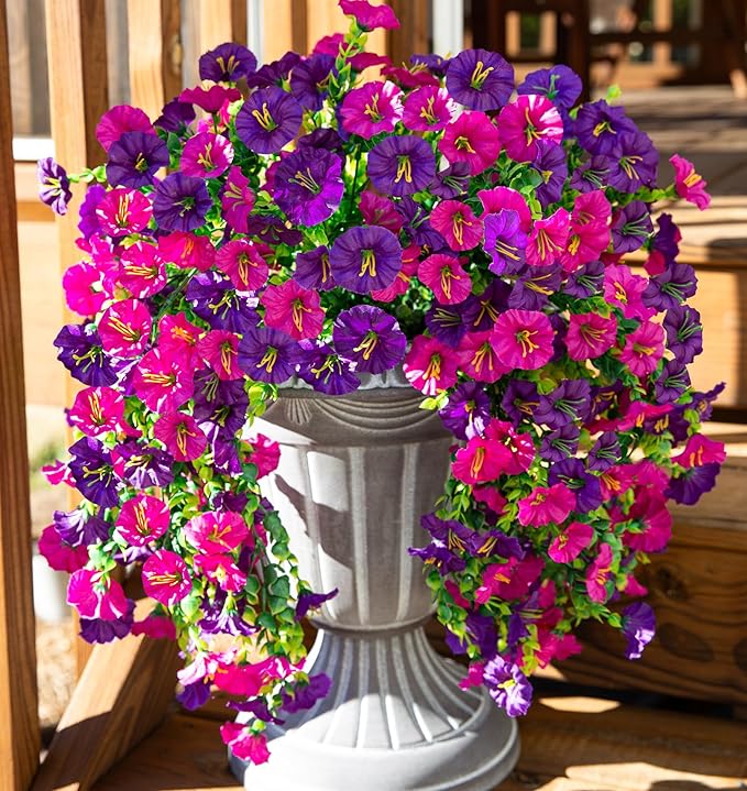 Ivydale 2 PCS Artificial Hanging Flowers Fake Plants Outdoor,Silk Morning Glory Faux Flowers with Eucalyptus Leaf,UV Resistant Realistic Hanging Petunias Plants for Home Garden Decor (Purple+Fuchsia)