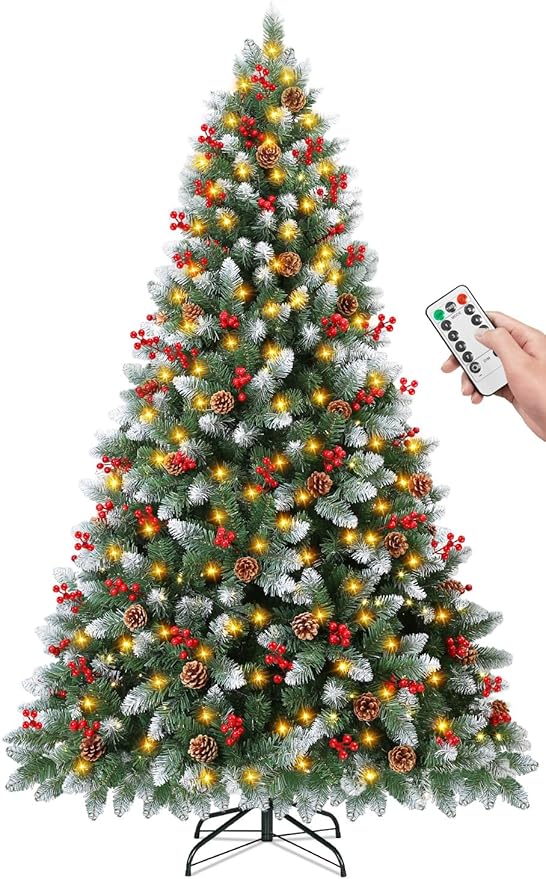 6FT Pre Lit Artificial Christmas Tree with 300 Lights, 847 Branch Tips, 52 Pine Cones, 52 Red Berries & Metal Stand, Remote Xmas Tree for Outdoor Indoor Home Christmas Decorations