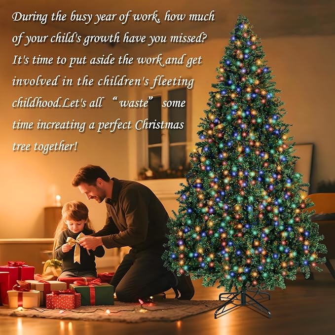 ININ 8FT Prelit Christmas Spruce Artificial Tree with Led Lights, Lighted Christmas Tree，Hinged Full Xmas Tree for Home Party Decoration,750 LED Lights,2168 Branch Tips, Metal Hinges & Foldable Base.