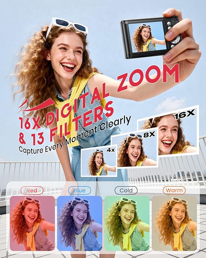 Digital Camera, 48MP FHD 1080P Point and Shoot Camera with 16x Zoom, Anti Shake Compact Portable Camera for Photography with 32GB Card, Autofocus Camara for Kids, Beginners, Teens, Black