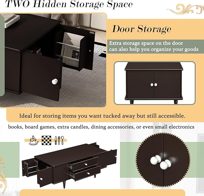 Modern Wooden Coffee Table with Hidden Storage Cabinets and Drawers, 47.2-Inch Rectangular Center Cocktail Table with Solid Wood Legs for Living Room, Brown