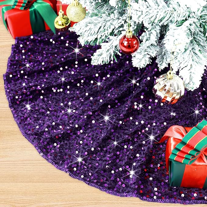 Purple Tree Skirt Christmas Tree Skirt 36 Inch Sequin Tree Skirts Glittery Velvet Tree Skirt Collar Round Santa Tree Skirts for Xmas Party Decoration Christmas Tree Ornaments