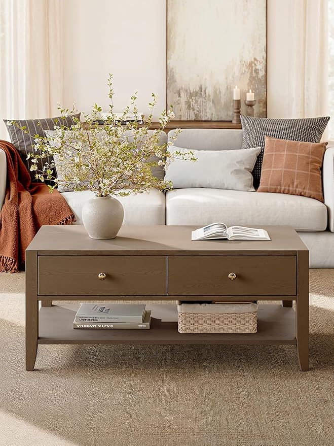 42" Farmhouse Coffee Table with Storage, Solid Wood Coffee Table for Living Room, Rectangle Coffee Table Center Table for Home Office Apartment, Easy to Assemble, Walnut