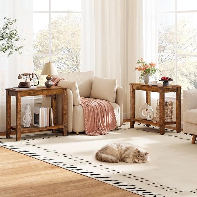 Hoctieon End Table with Double Storage Shelves, Sturdy Wooden Side Table for Living Room, Bedroom, Modern Nightstand Sofa Table for Small Spaces, Rustic Brown