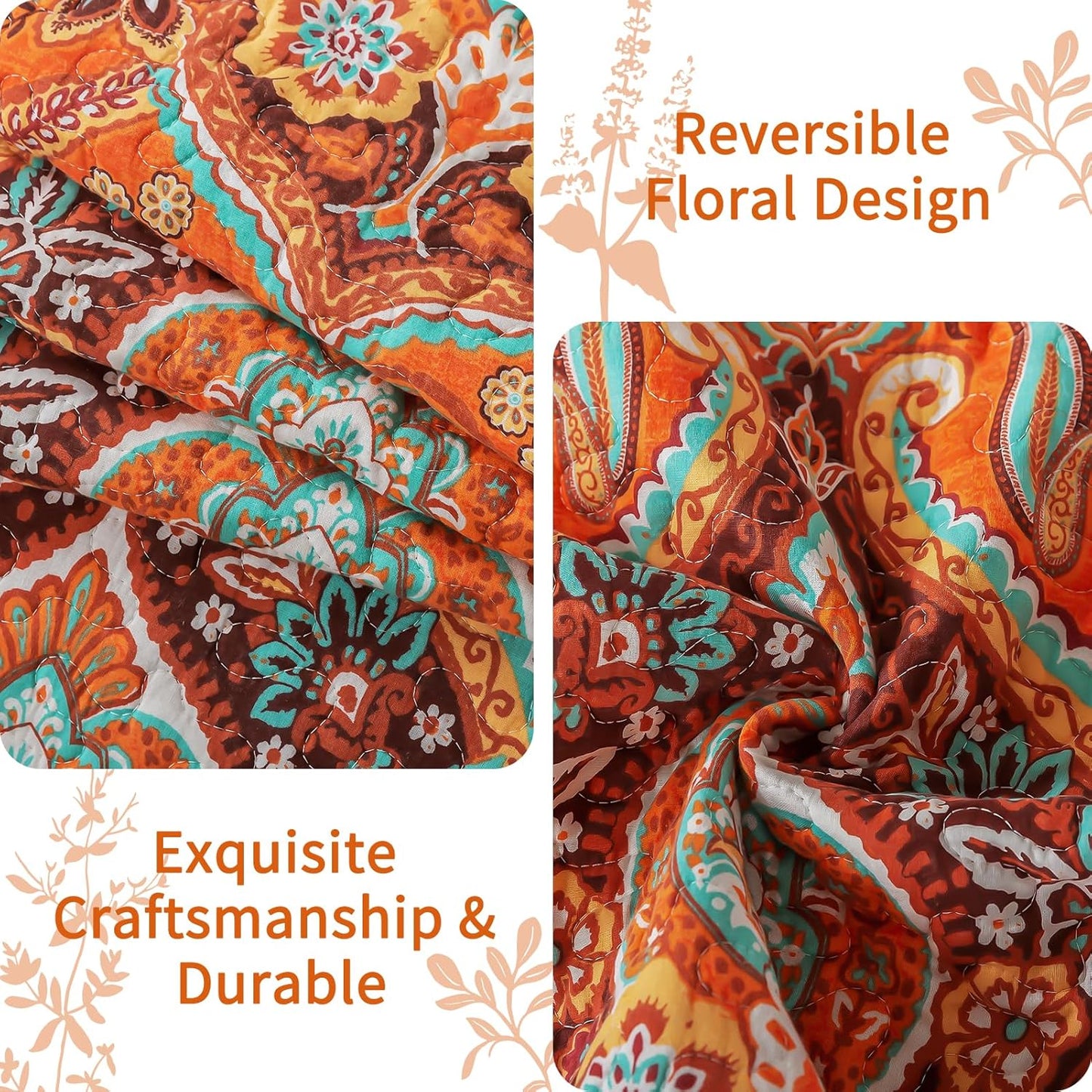 VAPUTAR Cotton Quilt King Size, King Size Quilt Bedding Set with Bohemian Damask Pattern-3Pieces Lightweight Reversible Soft Bedspread Coverlet (98 * 106 in) Suitable for All Season （Light Orange）