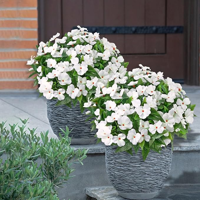 5PCS Artificial Impatiens Bouquet Flowers for Outdoors Silk Faux Flowers for Outdoor Fake Planters UV Resistant Spring Summer Indoor Decor Garden Porch Patio Window Kitchen Balcony, White