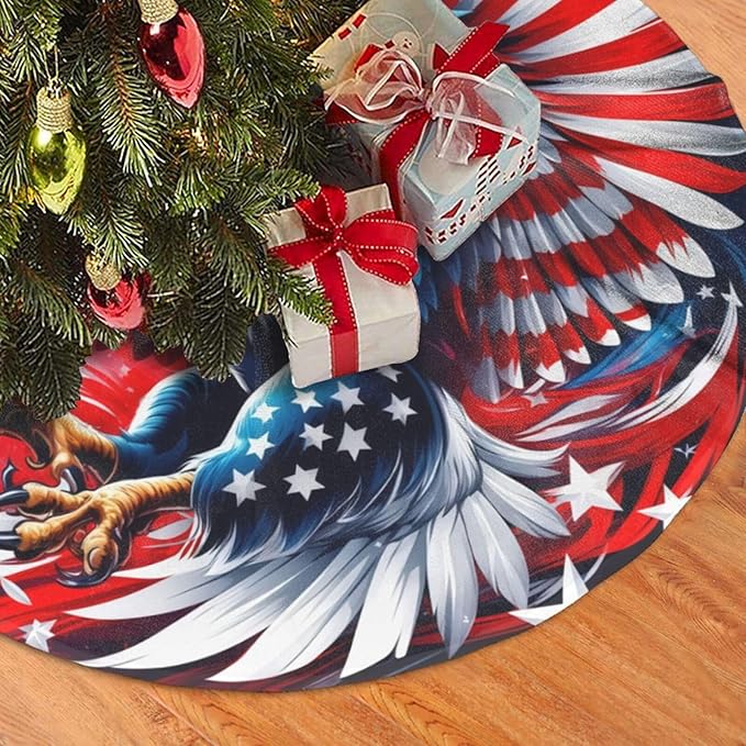 July 4th American Flag Patriotic USA New York Eagle Tree Skirt 48" Tree Mat for Christmas Xmasn Festive Party Yard Decorations Indoor Outdoor Ornaments